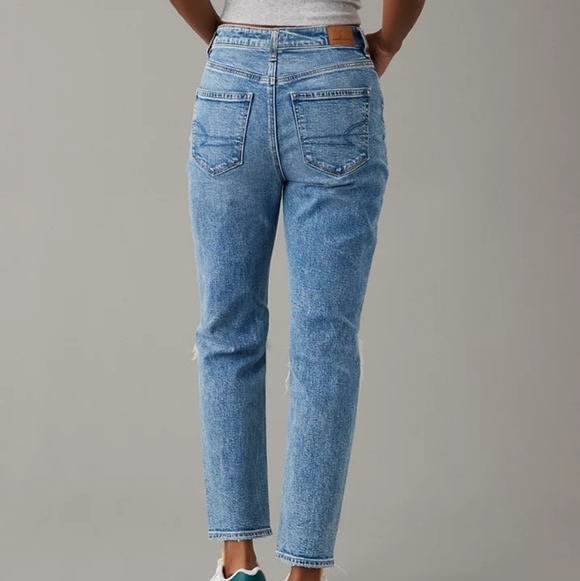 American Eagle Mom Jean Women's Size 4 Tall Destroyed Light Wash Denim Straight - Picture 3 of 12